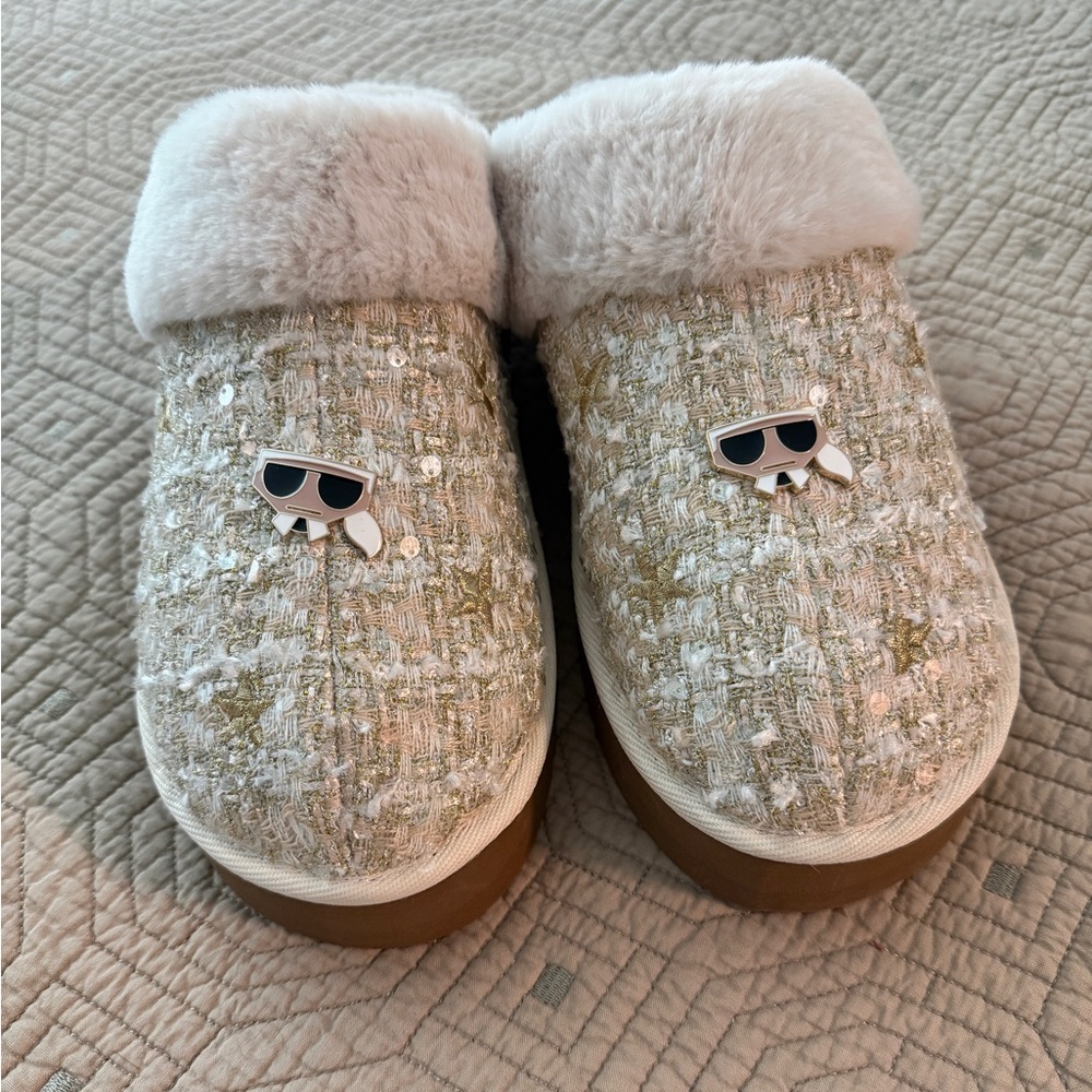Karl Lagerfeld Hessa Tweed Beige Gold Faux Fur Trim Platform Slides US 11 NWOT